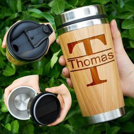 Personalized Travel Tumbler stainless steel and wrapped with bamboo