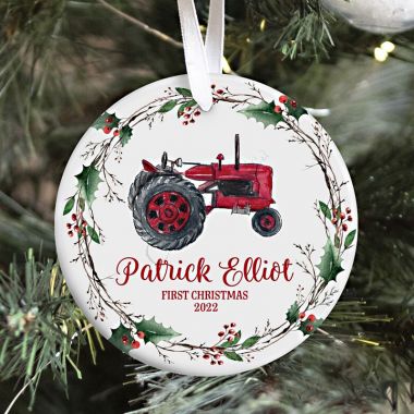 Personalized Farm Tractor Baby First Christmas Holiday Ornament