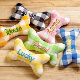 New! Personalized Class Plaid Bone Dog Toy with 2 Squeaky