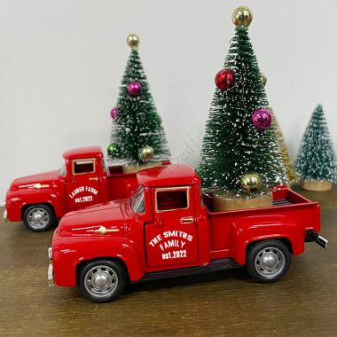 Engraved Red Truck with Christmas Tree Decor Metal Farm Truck